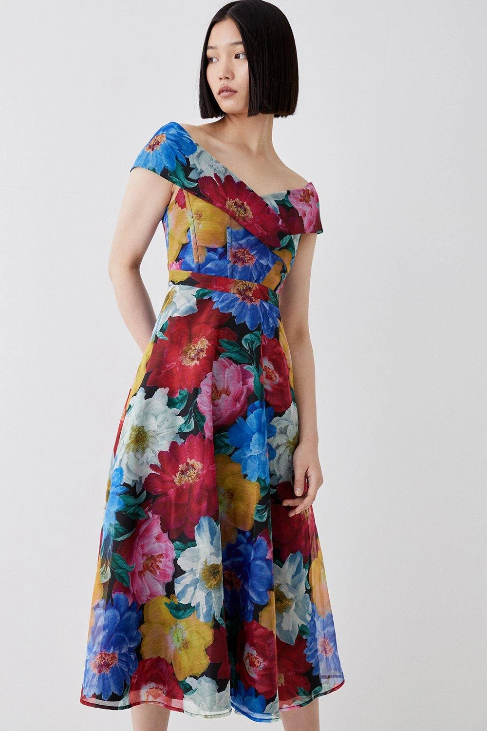 Coast Organza Floral Bardot Ruched Bodice Midi Dress - Image 3