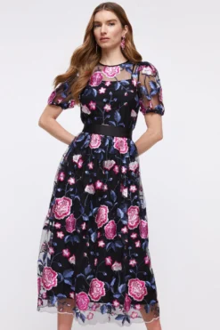Coast Embroidered Mesh Puff Sleeve Midi Dress