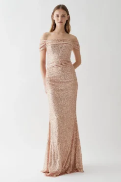 Coast Bardot Ruche Detail Sequin Fishtail Bridesmaid Maxi Dress