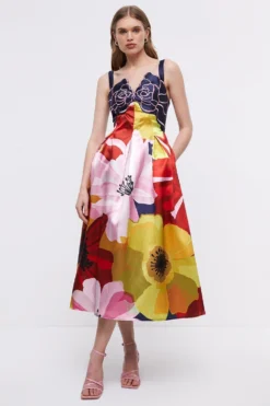 Coast Printed Twill Midi Dress With Embroidered Flowers