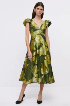 Coast V Neck Jacquard Dress With Frill Shoulder