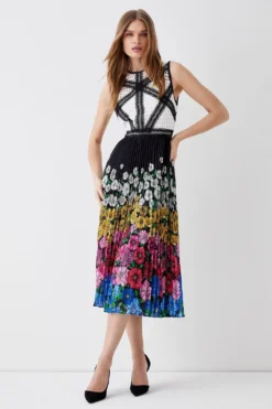 Coast Placement Floral Pleated Skirt Lace Top Midi Dress