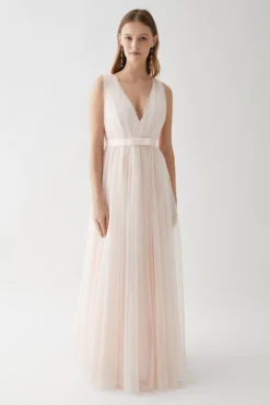 Coast Tulle Plunge Neck Princess Bridesmaids Dress With Bow