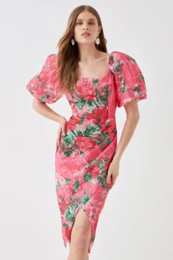 Coast Organza Pencil Dress With Puff Sleeve