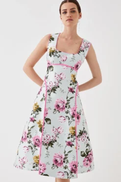 Coast Petite Square Neck Midi Dress In Jacquard With Seam