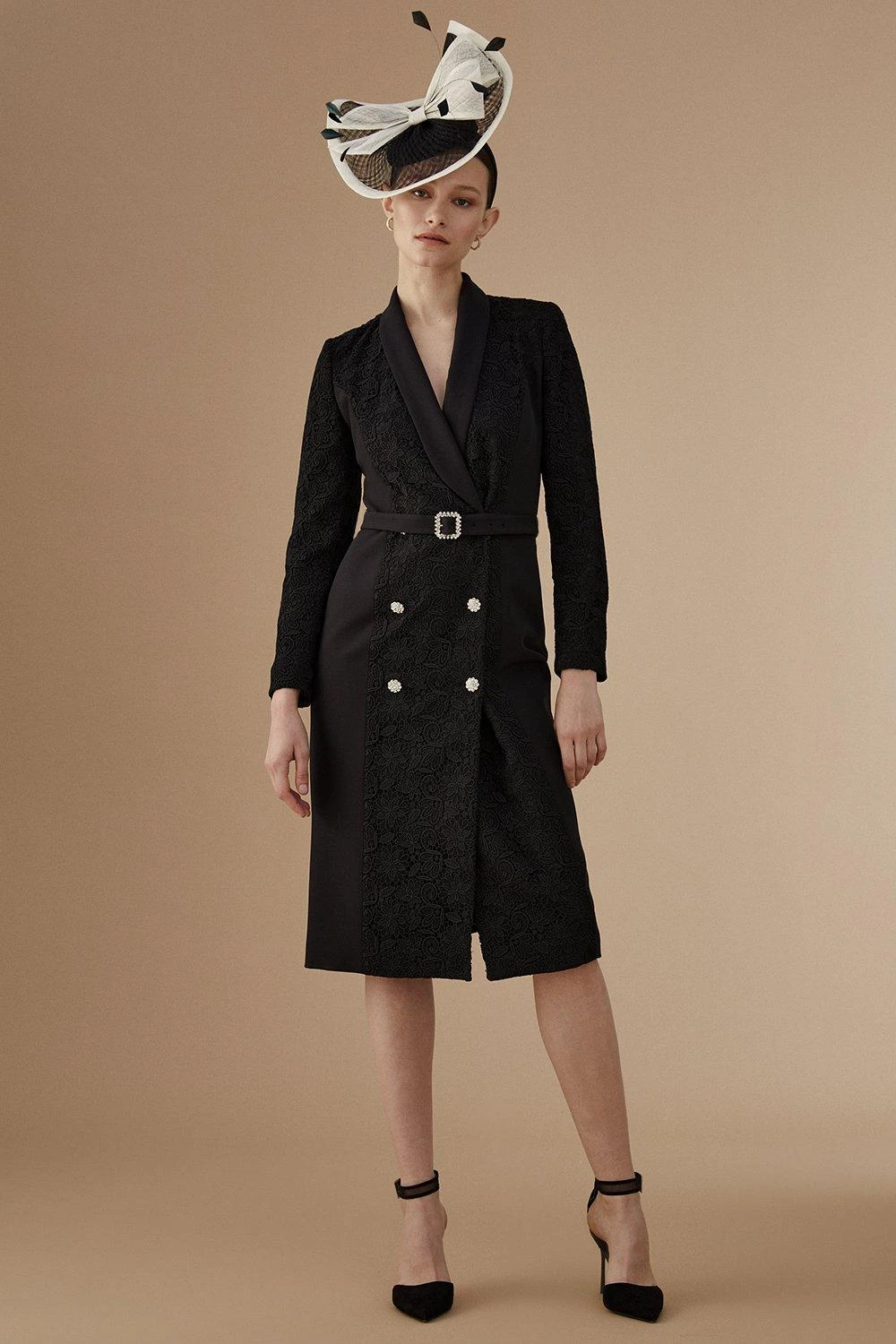 Coast Lisa Tan Premium Lace Tuxedo Dress With Gem Buttons