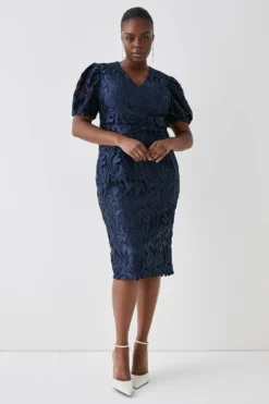 Coast Plus Size Pencil Dress In Satin Lace With Buttons & Tie