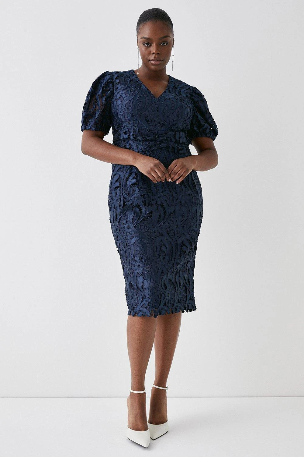Coast Plus Size Pencil Dress In Satin Lace With Buttons & Tie
