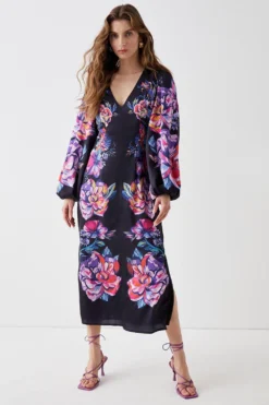 Coast Alexandra Farmer Placement Volume Sleeve Midi Dress