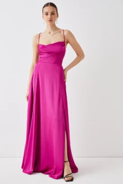 Coast Cowl Neck Satin Maxi Prom Dress With Strappy Back