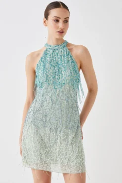 Coast High Neck Embellished Ombre Fringe Mini Dress