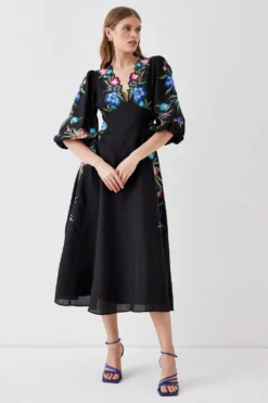 Coast Floral Neckline Embroidered Puff Sleeve Midi Dress