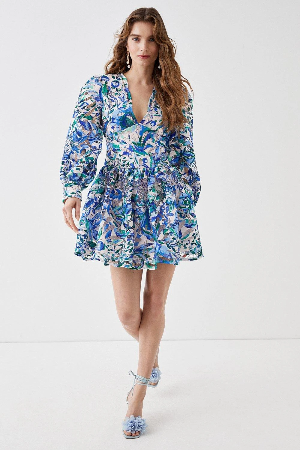 Coast Alexandra Farmer Printed Lace Blouson Sleeve Mini Dress - Image 2