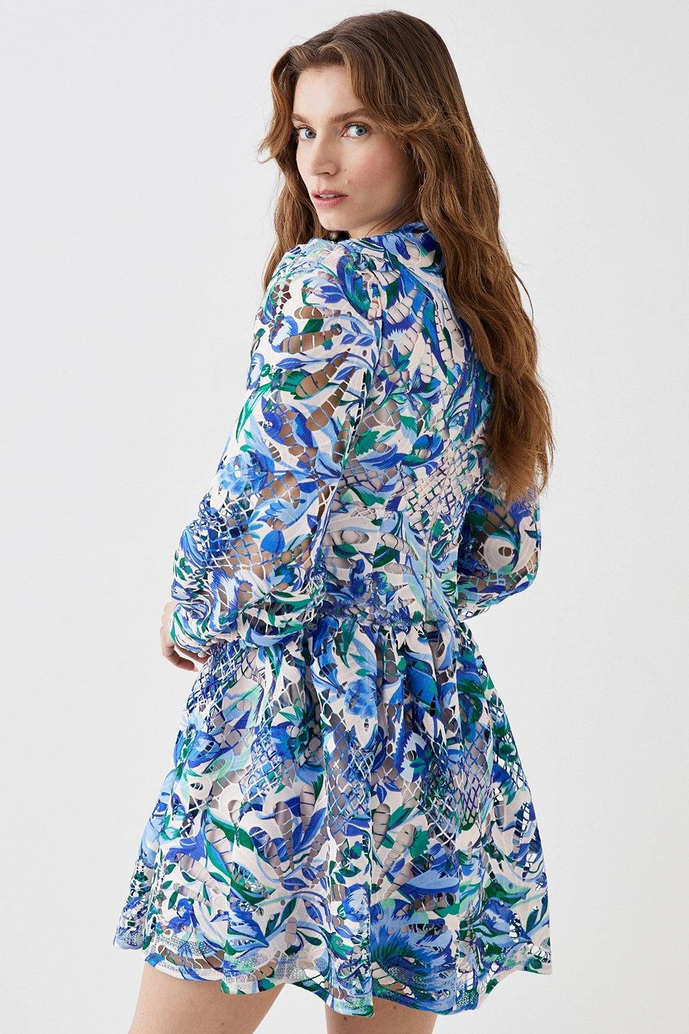 Coast Alexandra Farmer Printed Lace Blouson Sleeve Mini Dress - Image 4