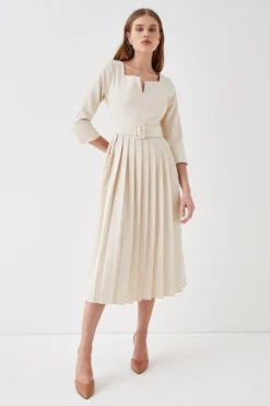 Coast Belted Notch Neck Pleat Midi Dress