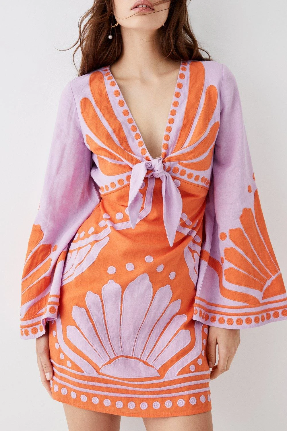 Coast Linen Tie Front Applique Embroidered Mini Dress - Image 3