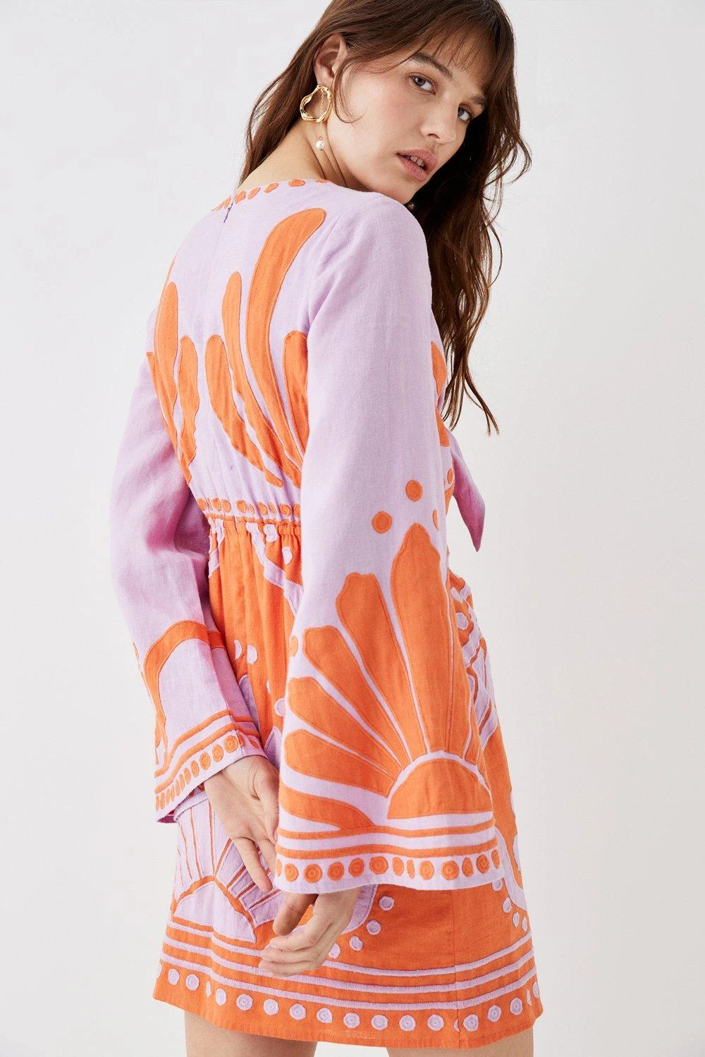 Coast Linen Tie Front Applique Embroidered Mini Dress - Image 4