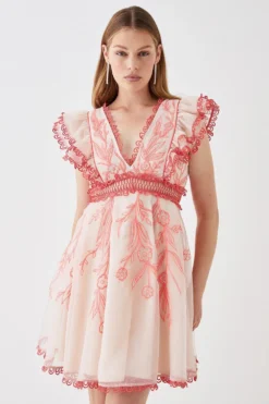 Coast Premium Embroidered Organza Mini Dress With Ruffle Shoulder