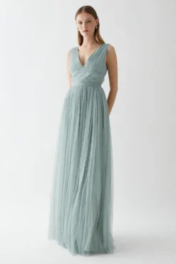 Coast V Neck Pleated Waistband Mesh Bridesmaids Dress