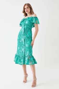 Coast Button Front Bardot Lace Pencil Dress