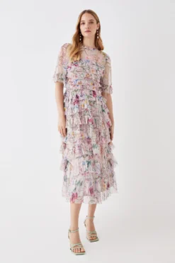 Coast The Collector Printed Tiered Skirt Tulle Midi Dress