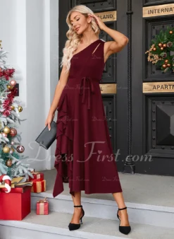 Cascading Ruffles One-Shoulder Elegant A-line Cotton Blends Midi Dresses