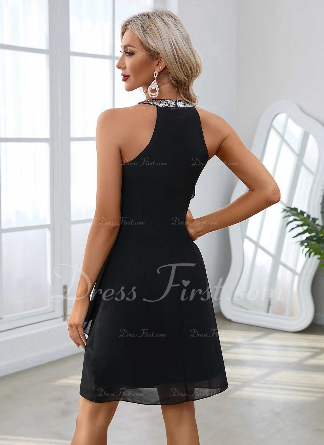 Sequins Scoop Elegant A-line Chiffon Short/Mini Dresses - Image 4