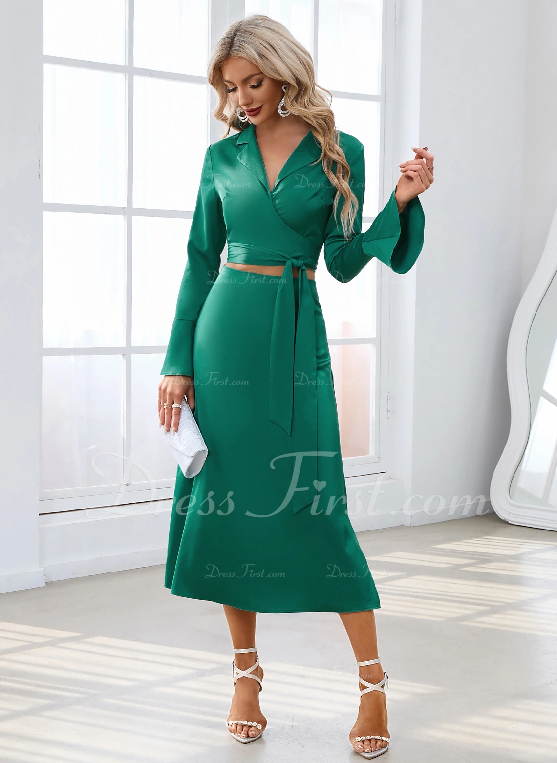 Cascading Ruffles V-Neck Elegant A-line Satin Dresses