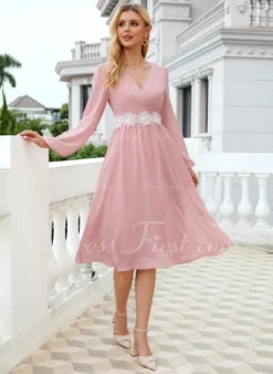 V-Neck Elegant A-line Chiffon Midi Dresses