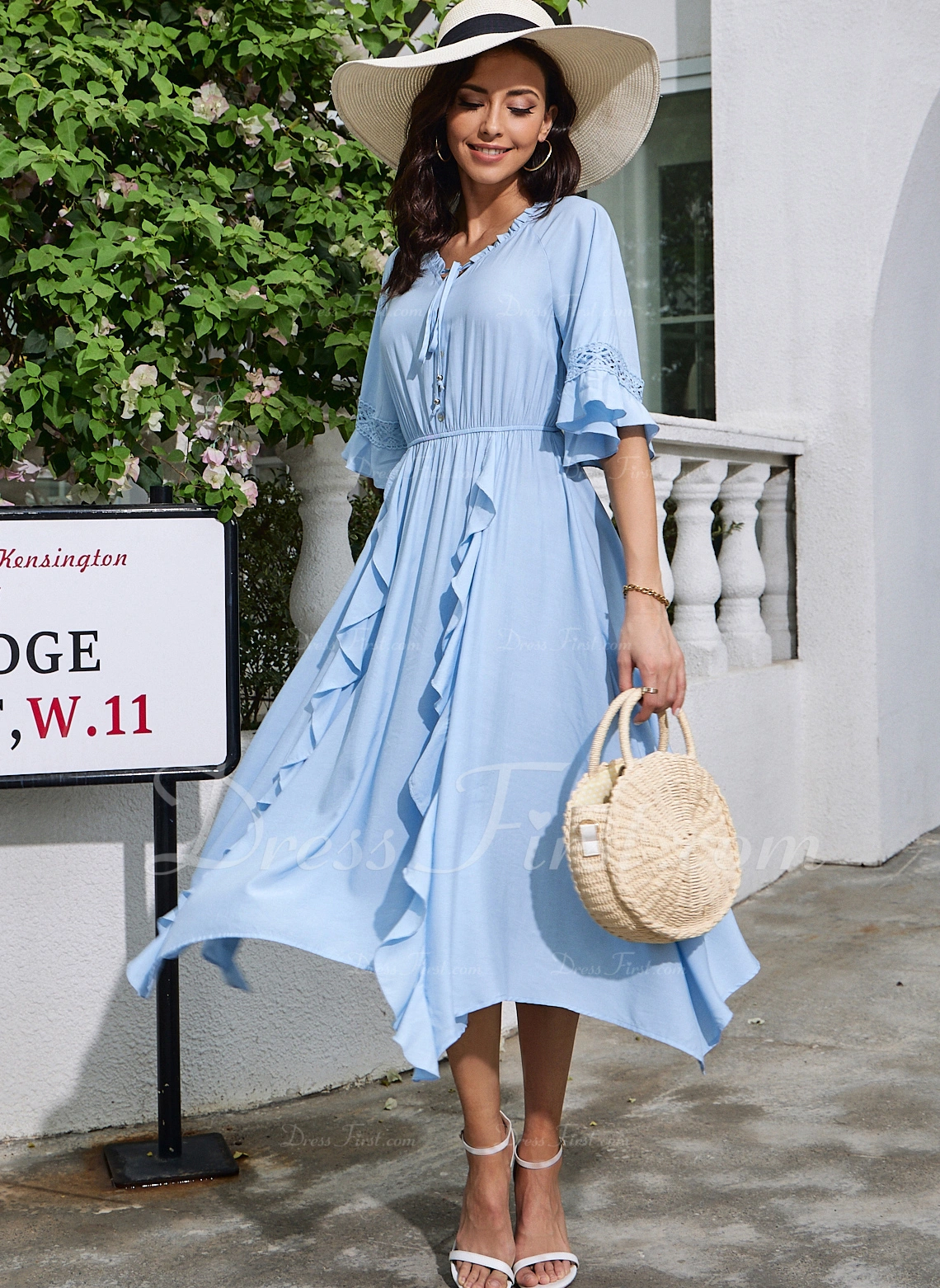 Cascading Ruffles V-Neck Vacation A-line Rayon Asymmetrical Dresses - Image 5