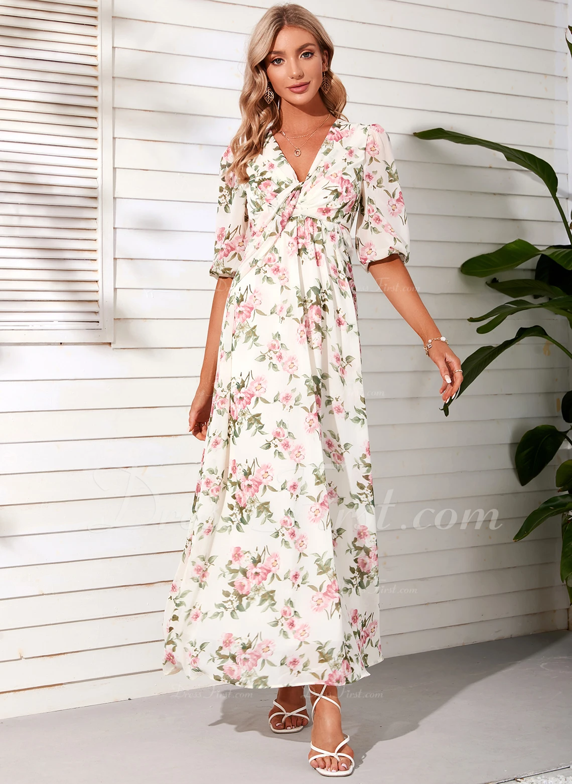 V-Neck Elegant Vacation A-line Chiffon Midi Dresses - Image 2